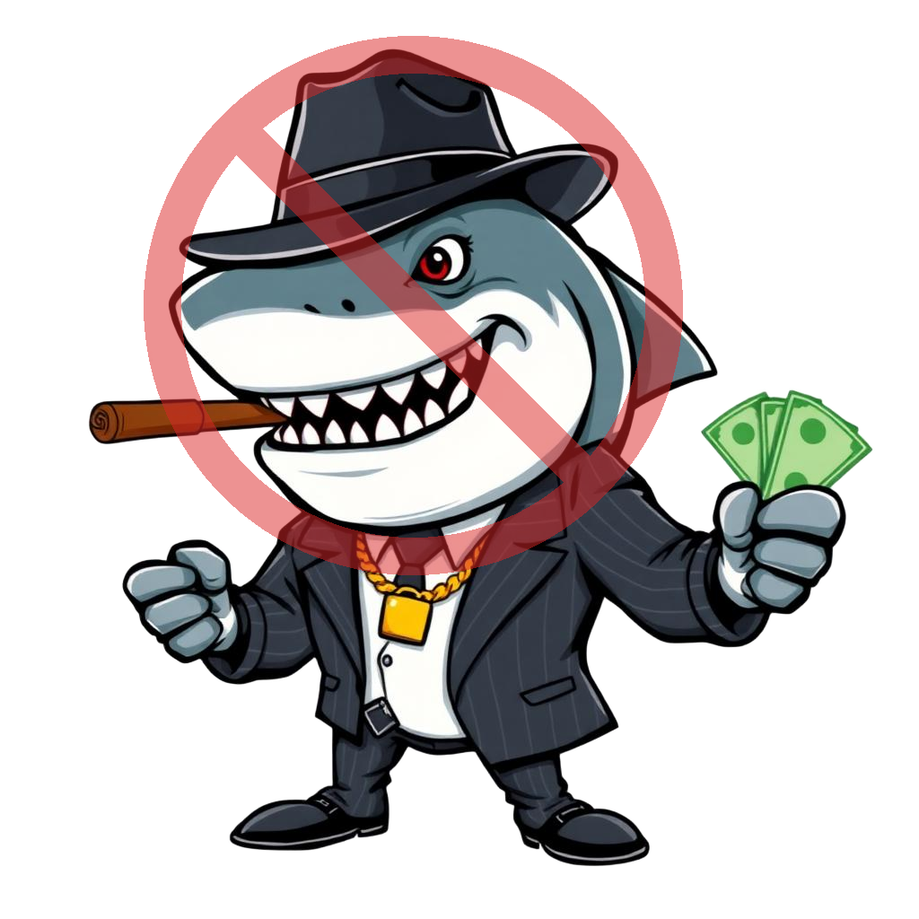 Mob-style loan shark in a suit crossed out with a red prohibition sign